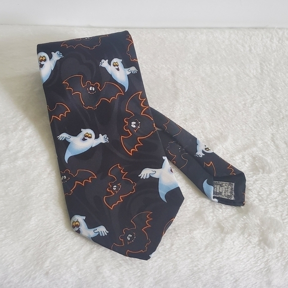 Hallmark Vintage VTG Retro Novelties Halloween Ghost Bat Black Necktie T… - Picture 1 of 8
